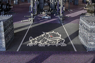 The Horned Frog mascot plays a key role in the design of the TCU football facility and is showcased in the REGUPOL crash platforms.