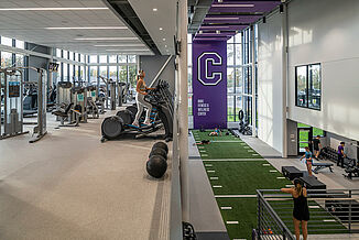 Cornell College - Upstairs Cardio and Turf Below View of the Cornell College Richard and Norma Small Athletic and Wellness Center that features REGUPOL aktiv flooring throughout the facility.